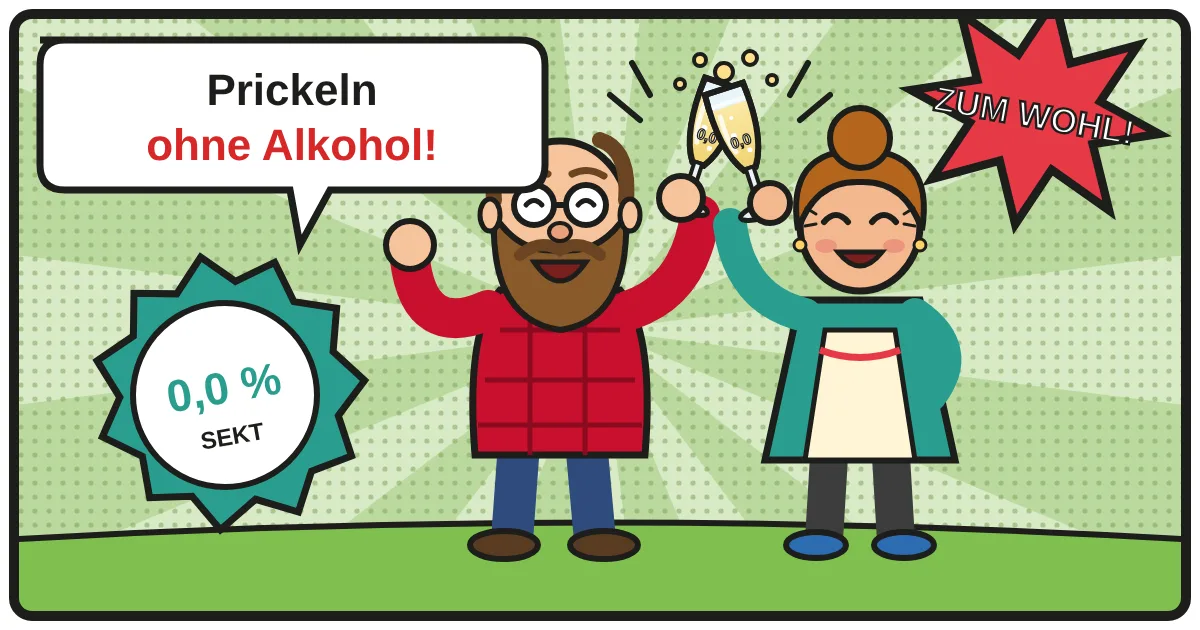 Comic: Zwei Weinfreunde stoßen an – Alkoholfreier Sekt