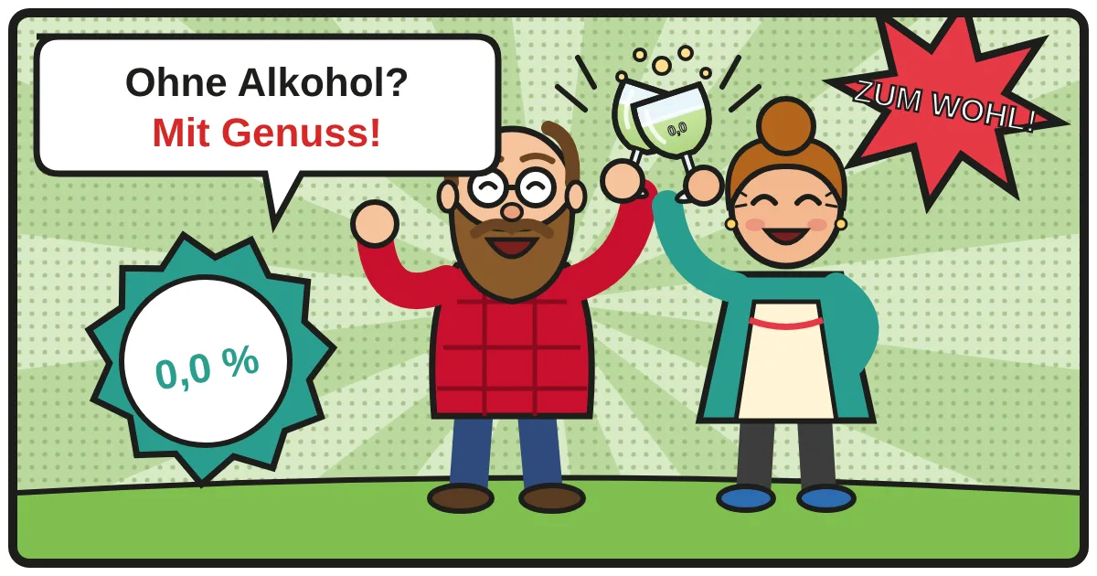 Comic: Zwei Weinfreunde stoßen an – Alkoholfreier Wein