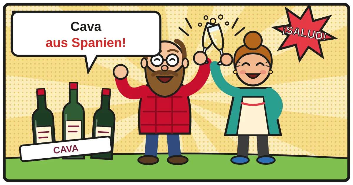 Comic: Zwei Weinfreunde stoßen an – Cava