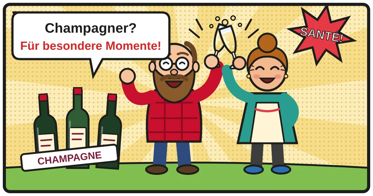 Comic: Zwei Weinfreunde stoßen an – Champagner
