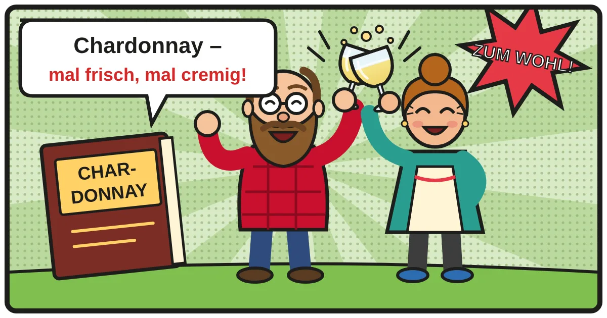 Comic: Zwei Weinfreunde stoßen an – Chardonnay