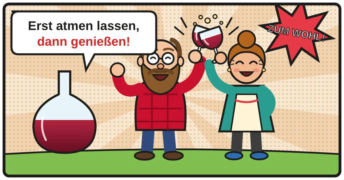 Comic: Zwei Weinfreunde stoßen an – Dekanter & Belüfter