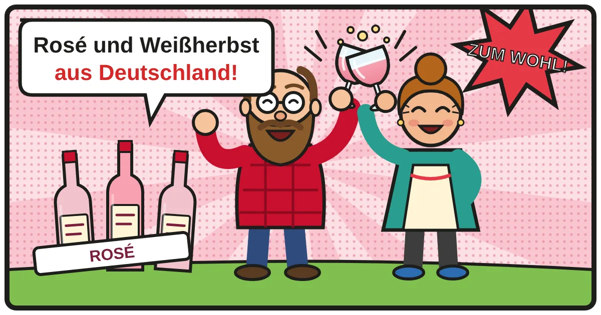 Comic: Zwei Weinfreunde stoßen an – Deutscher Rosé & Weißherbst