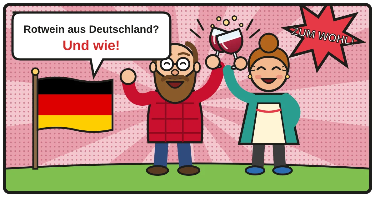 Comic: Zwei Weinfreunde stoßen an – Deutscher Rotwein