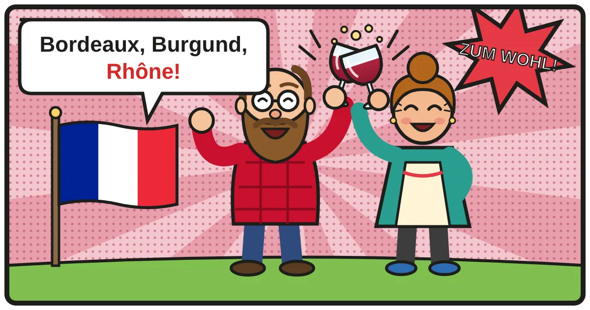 Comic: Zwei Weinfreunde stoßen an – Französischer Rotwein