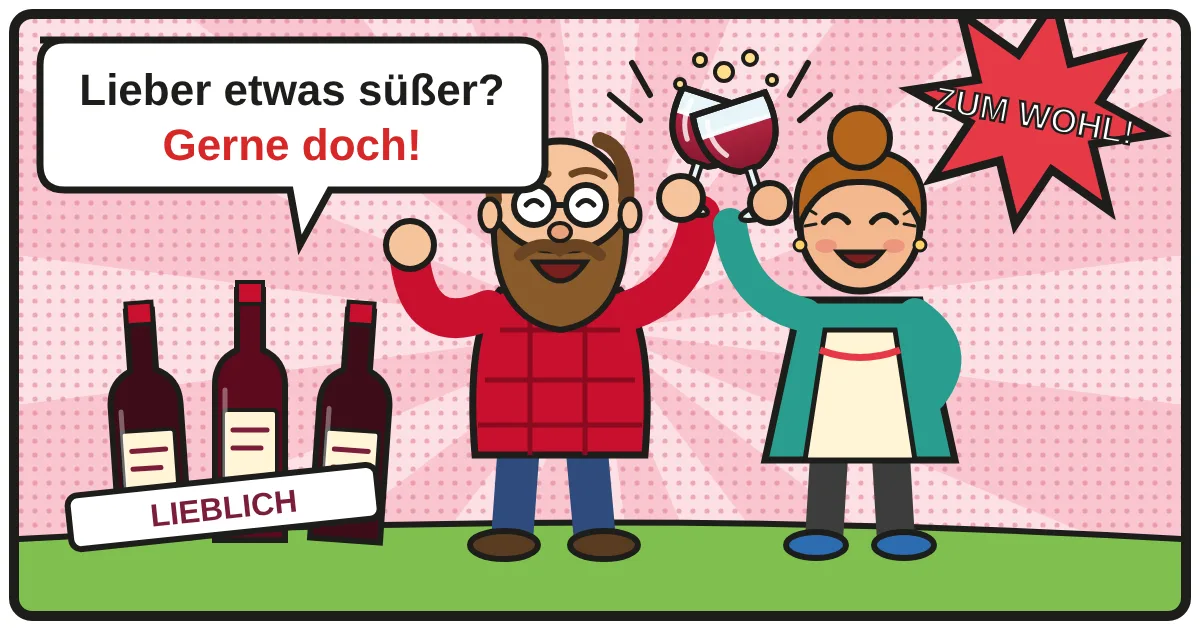 Comic: Zwei Weinfreunde stoßen an – Halbtrockener & lieblicher Rotwein