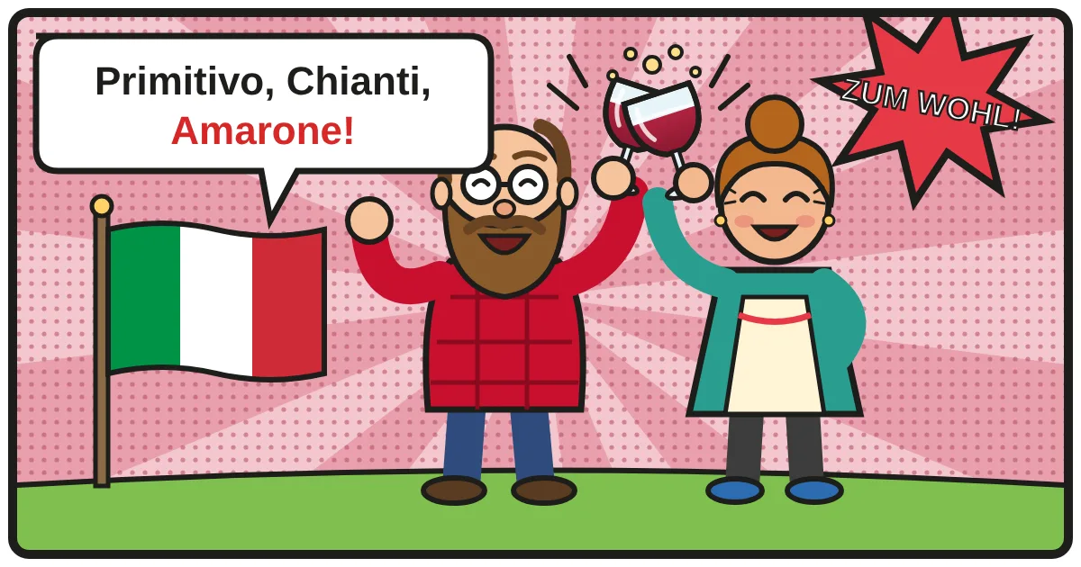 Comic: Zwei Weinfreunde stoßen an – Italienischer Rotwein