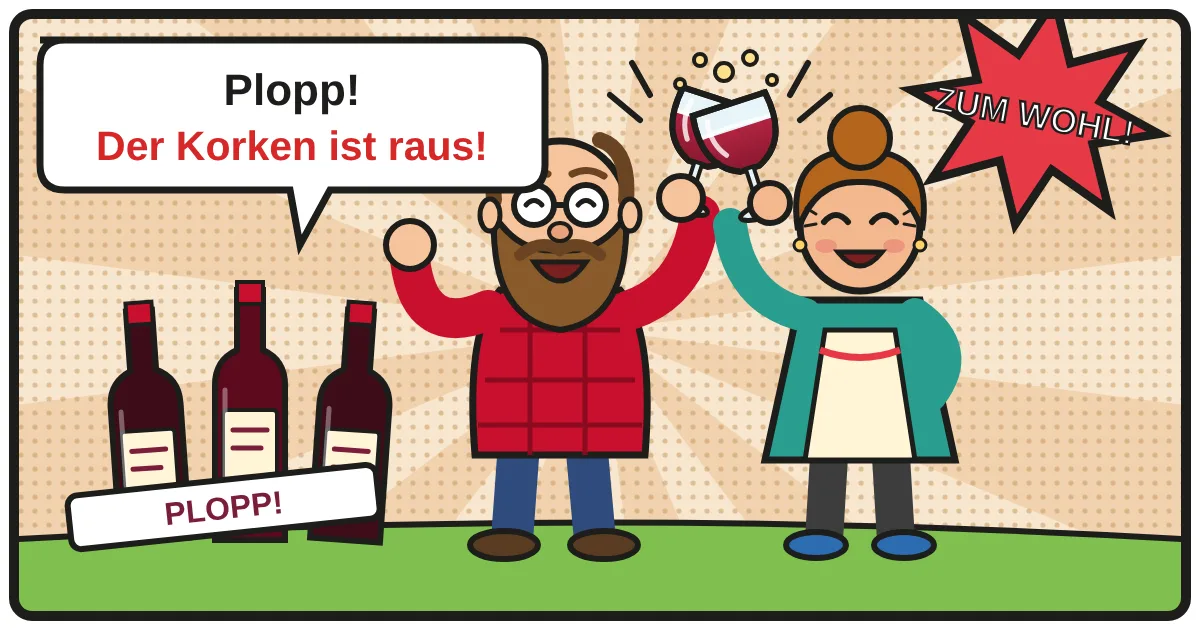 Comic: Zwei Weinfreunde stoßen an – Korkenzieher & Weinöffner