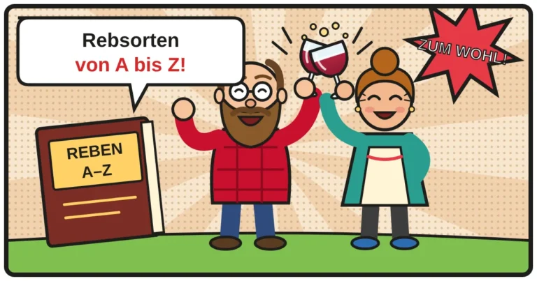Comic: Zwei Weinfreunde stoßen an – Rebsorten-Lexikon