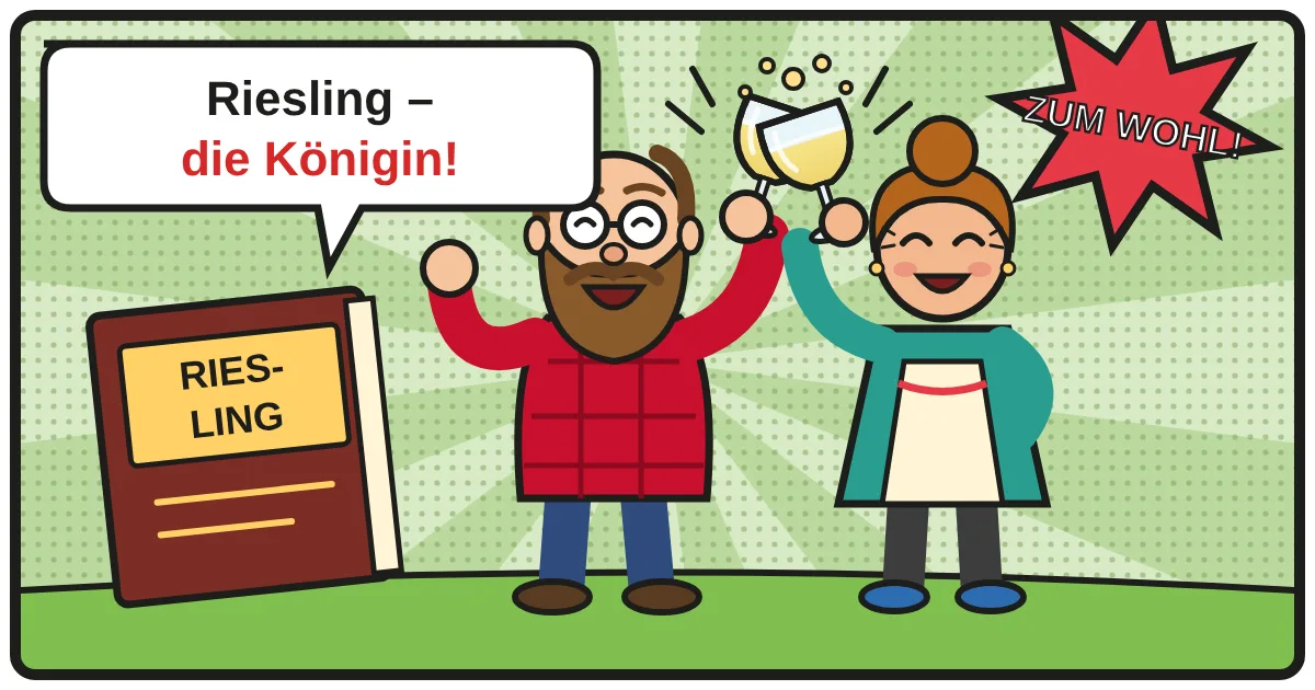 Comic: Zwei Weinfreunde stoßen an – Riesling