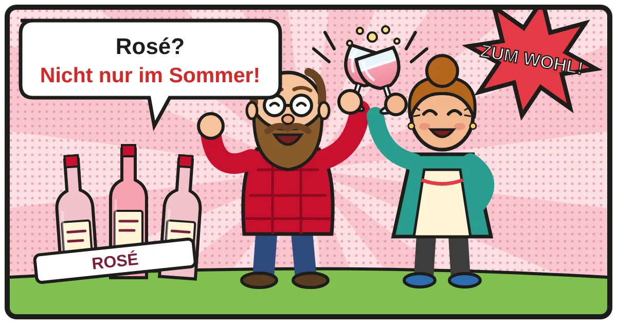 Comic: Zwei Weinfreunde stoßen an – Roséwein