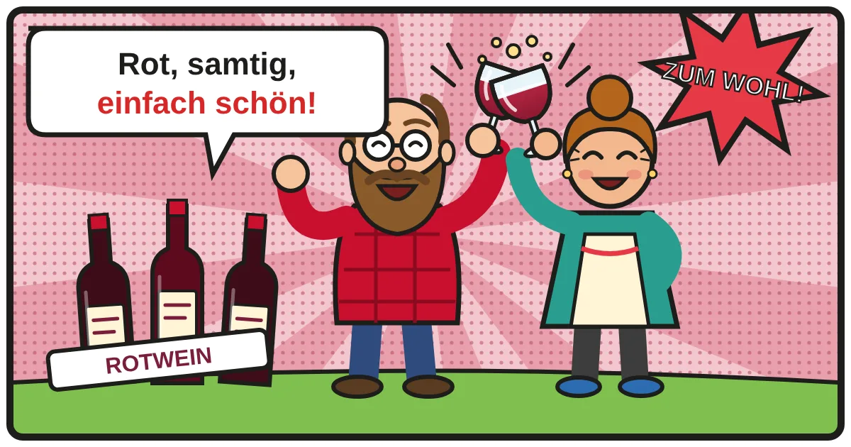 Comic: Zwei Weinfreunde stoßen an – Rotwein