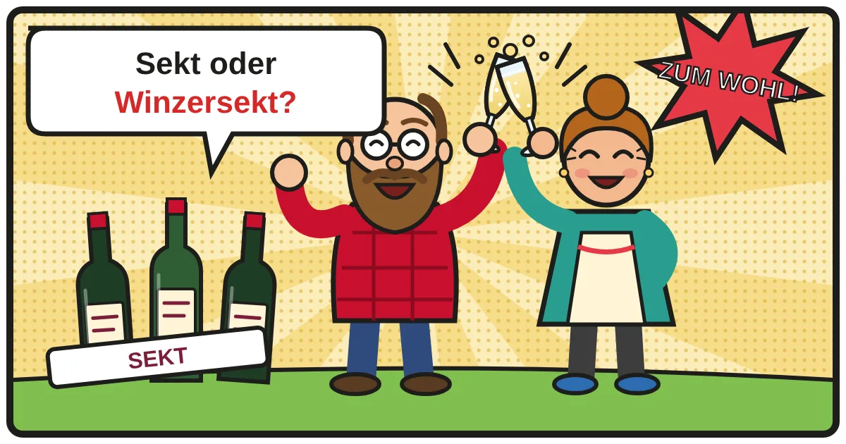 Comic: Zwei Weinfreunde stoßen an – Sekt & Winzersekt