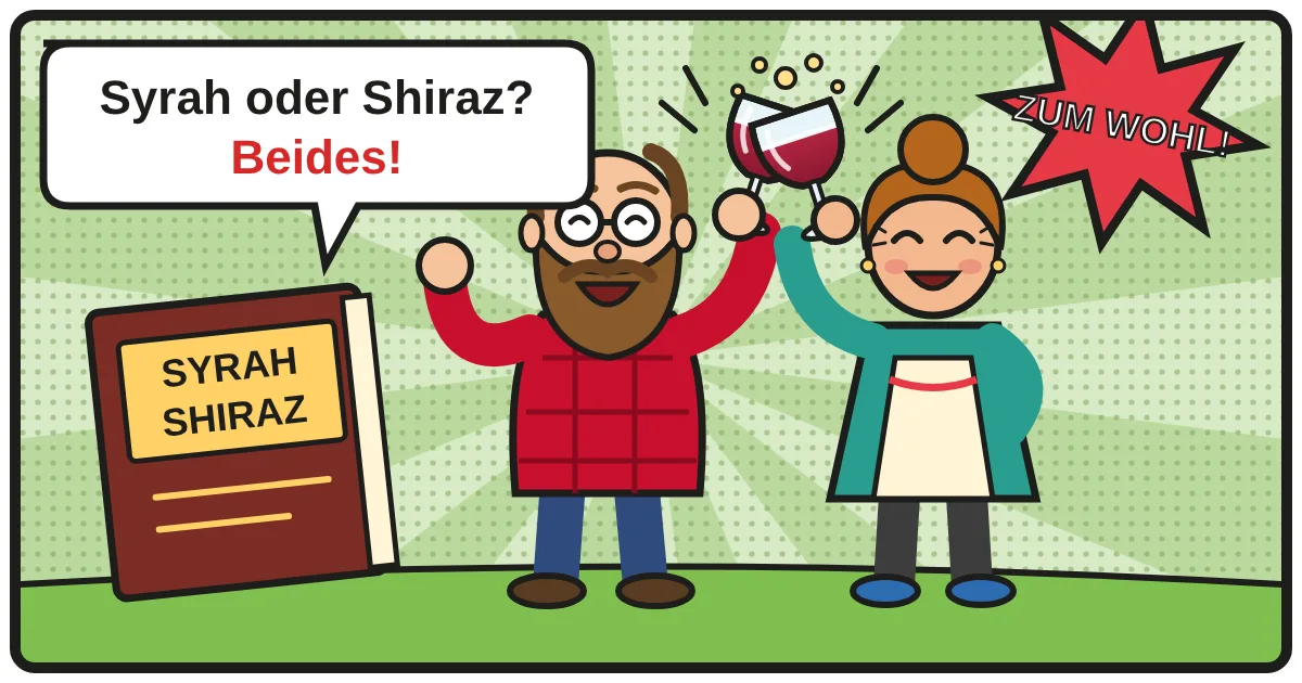 Comic: Zwei Weinfreunde stoßen an – Syrah & Shiraz