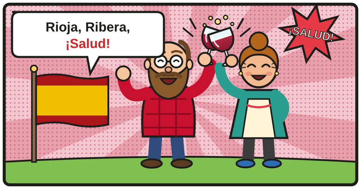 Comic: Zwei Weinfreunde stoßen an – Spanischer Rotwein
