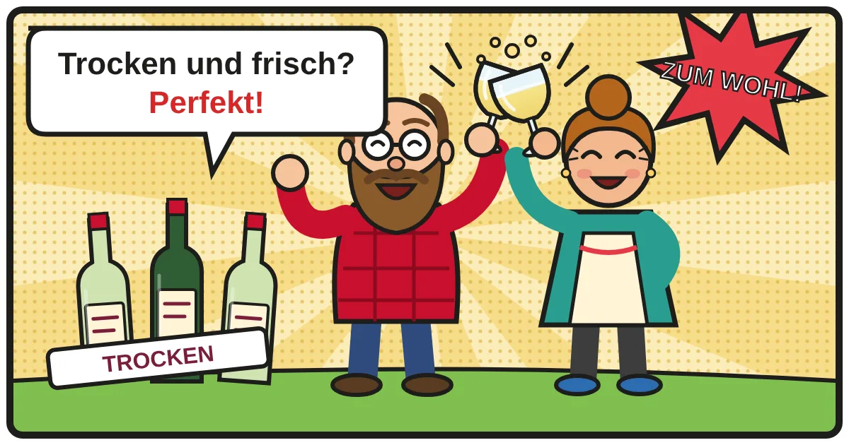 Comic: Zwei Weinfreunde stoßen an – Trockener Weißwein