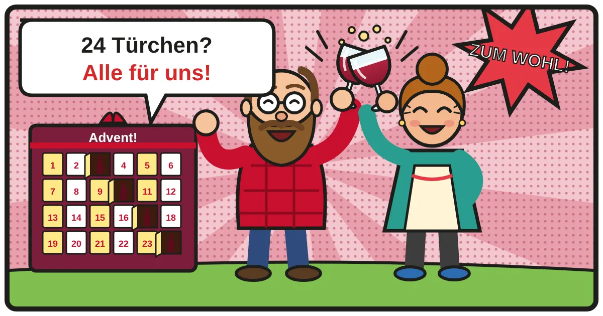 Comic: Zwei Weinfreunde stoßen an – Wein Adventskalender