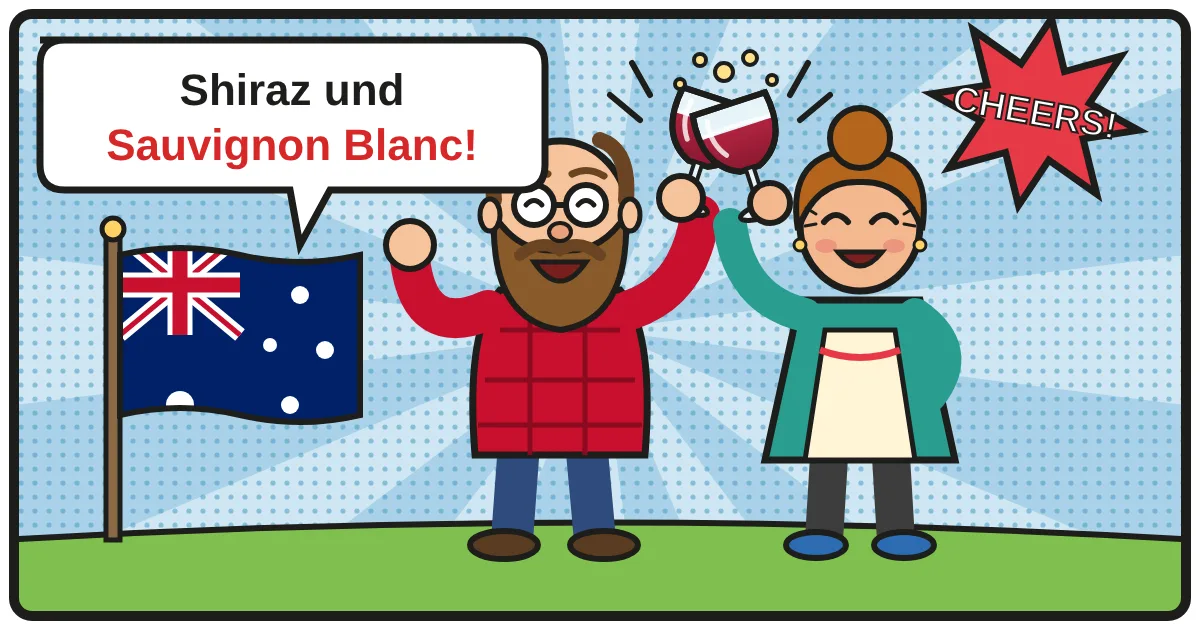 Comic: Zwei Weinfreunde stoßen an – Australien & Neuseeland