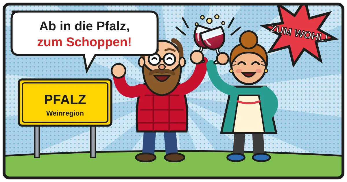 Comic: Zwei Weinfreunde stoßen an – Pfalz