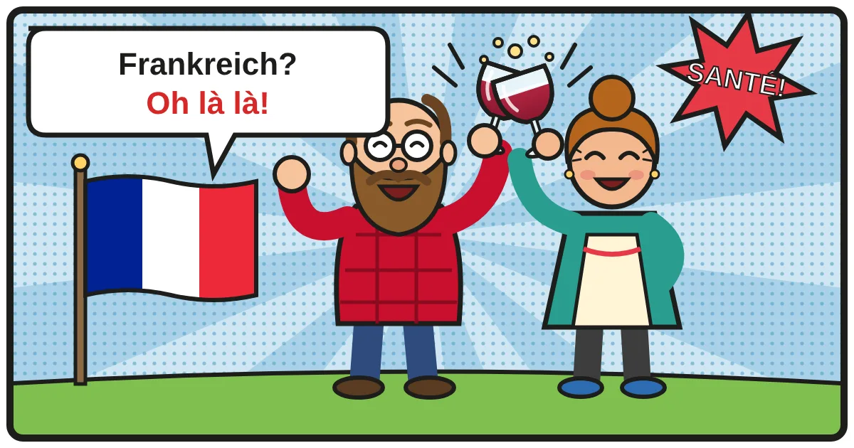 Comic: Zwei Weinfreunde stoßen an – Frankreich