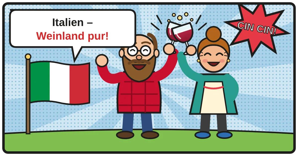 Comic: Zwei Weinfreunde stoßen an – Italien