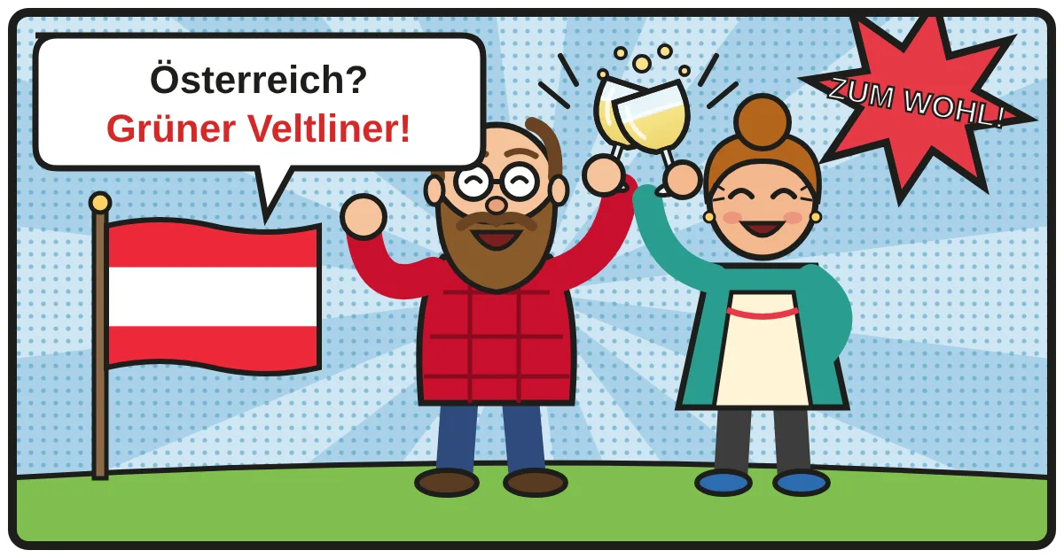 Comic: Zwei Weinfreunde stoßen an – Österreich