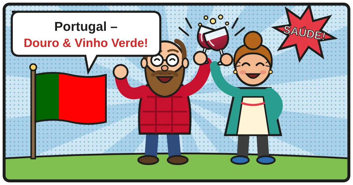 Comic: Zwei Weinfreunde stoßen an – Portugal
