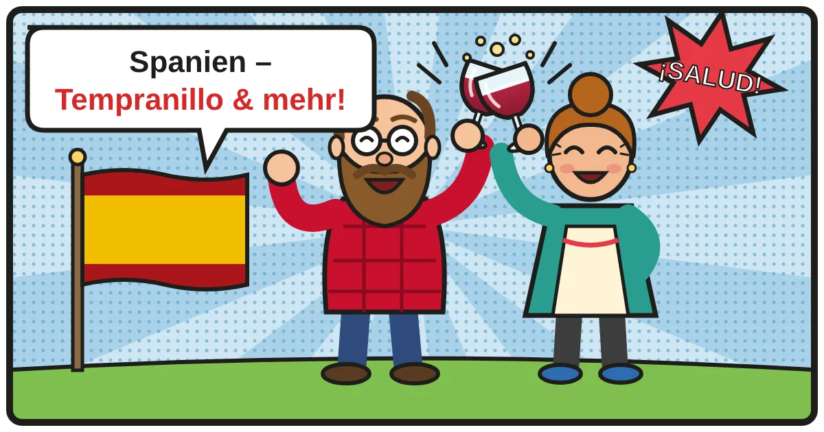 Comic: Zwei Weinfreunde stoßen an – Spanien