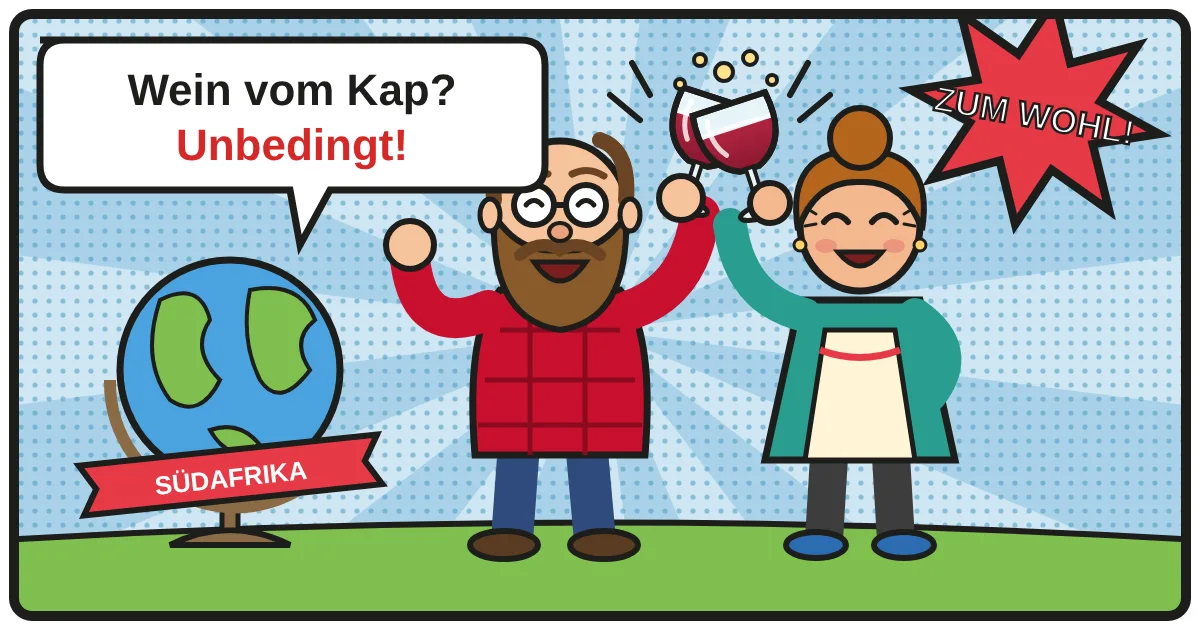Comic: Zwei Weinfreunde stoßen an – Südafrika