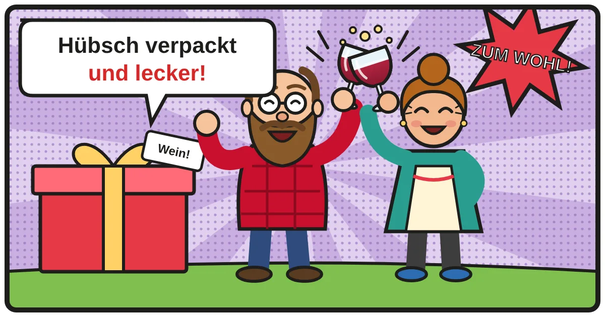 Comic: Zwei Weinfreunde stoßen an – Wein Geschenkboxen
