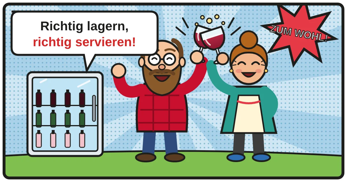 Comic: Zwei Weinfreunde stoßen an – Wein richtig lagern & servieren