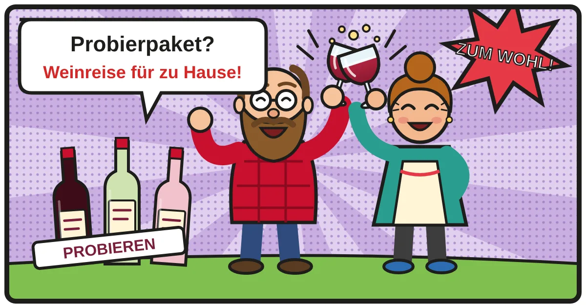 Comic: Zwei Weinfreunde stoßen an – Wein Probierpakete