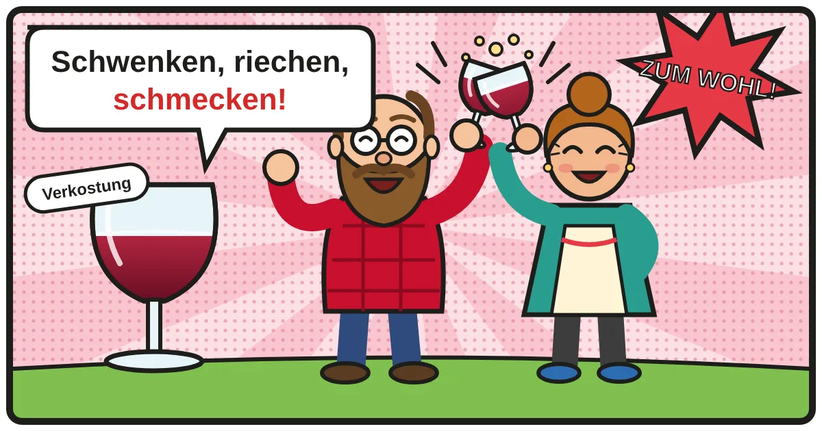 Comic: Zwei Weinfreunde stoßen an – Weinverkostung