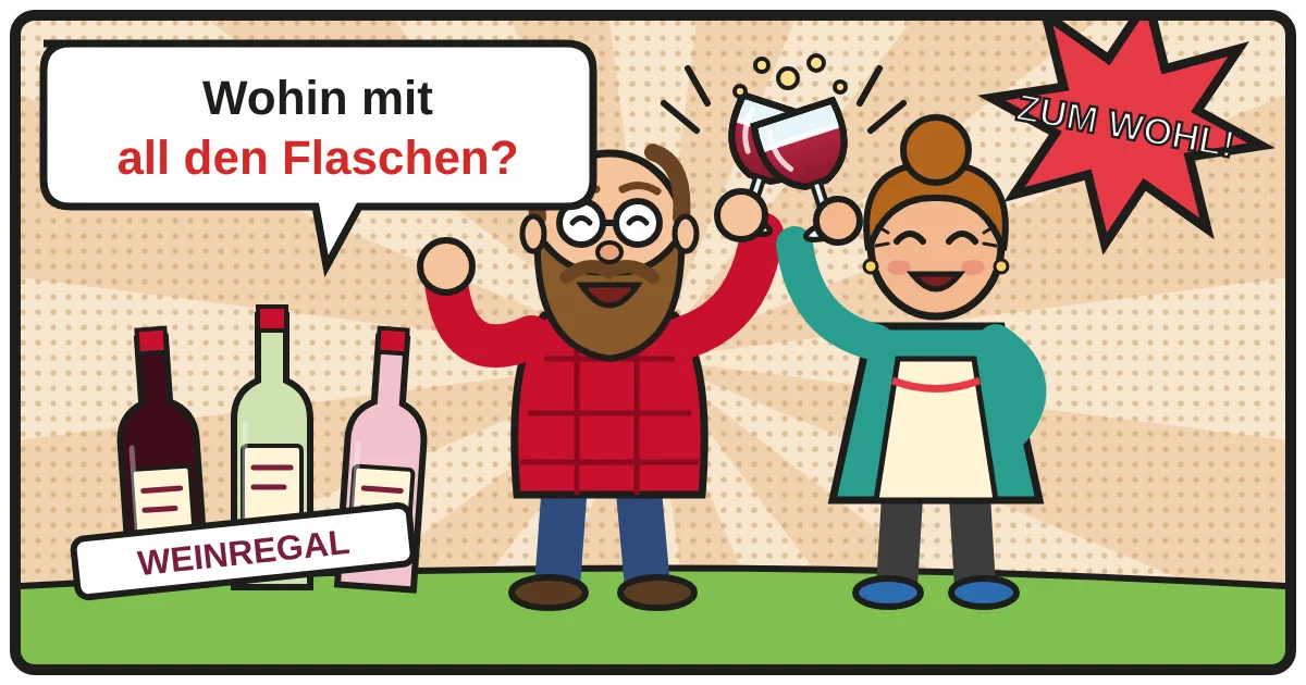 Comic: Zwei Weinfreunde stoßen an – Weinregale & Aufbewahrung