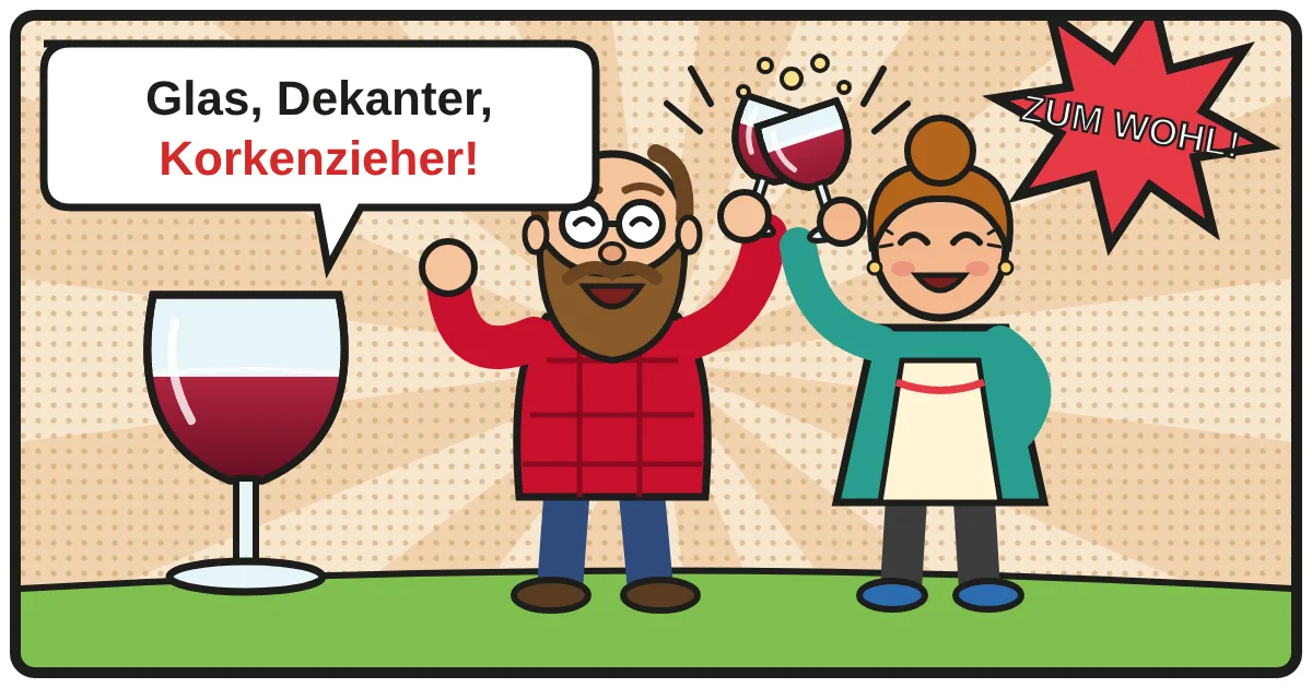 Comic: Zwei Weinfreunde stoßen an – Weinzubehör