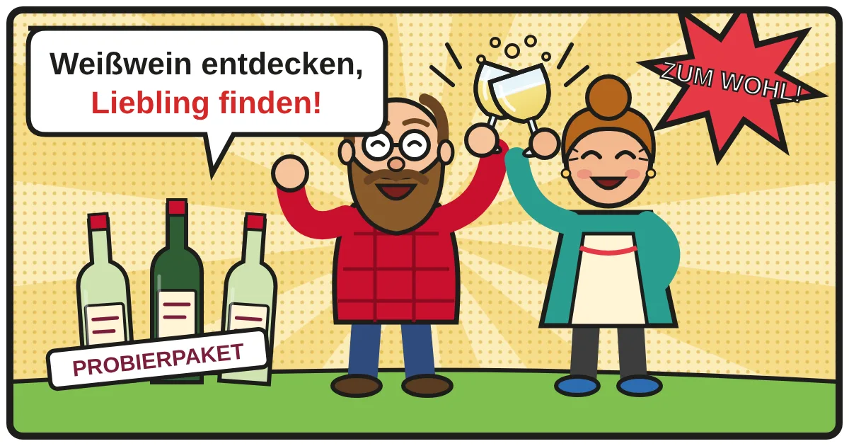 Comic: Zwei Weinfreunde stoßen an – Weißwein Probierpakete