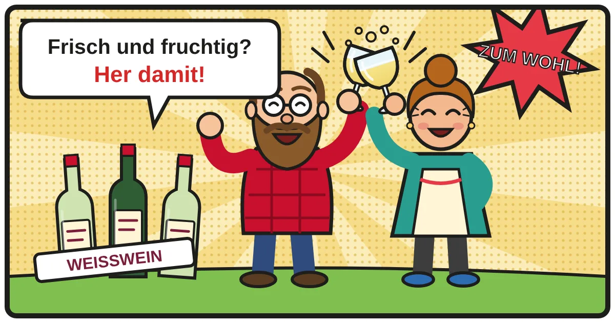Comic: Zwei Weinfreunde stoßen an – Weißwein